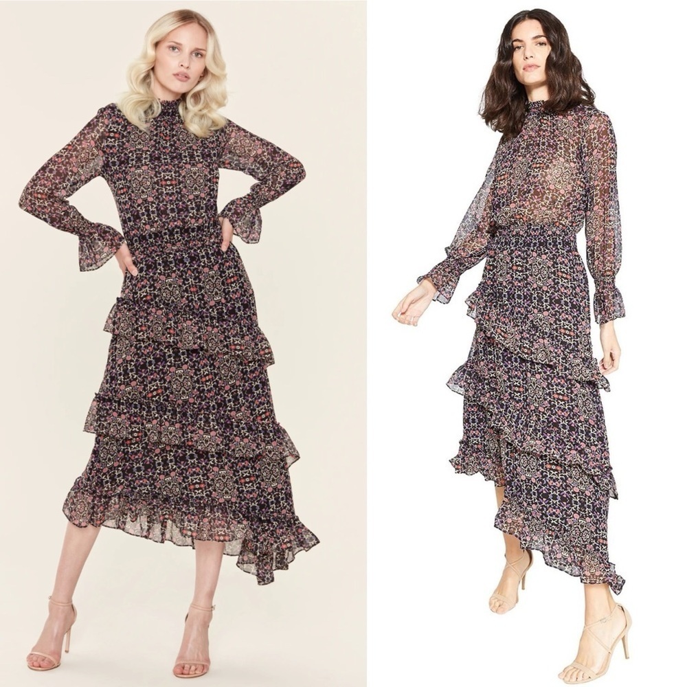 Misa Raina asymmetrical midi dress size XS mixed ditsy floral ruffle mock neck